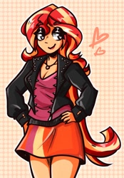 Size: 782x1123 | Tagged: safe, artist:engelbatterie, sunset shimmer, human, g4, breasts, cleavage, clothes, eyeliner, female, jacket, jewelry, leather, leather jacket, lipstick, makeup, necklace, patterned background, skirt, socks, solo, solo female, thigh highs, two toned hair