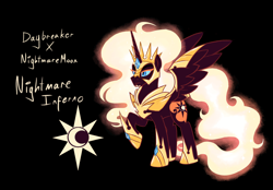 Size: 2360x1640 | Tagged: safe, alternate version, artist:proficdroid, oc, oc only, oc:nightmare inferno, alicorn, alicorn oc, armor, beard, black background, clothes, crown, cutie mark, dark coat, eyeliner, facial hair, glowing mane, goatee, horn, jewelry, magical lesbian spawn, makeup, male, mane of fire, markings, offspring, parent:daybreaker, parent:nightmare moon, parent:princess celestia, parent:princess luna, parents:princest, product of incest, regalia, requested art, shoes, simple background, solo, stallion, wing armor, wings