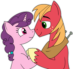 Size: 857x813 | Tagged: safe, artist:craftedburb, big macintosh, sugar belle, earth pony, pony, unicorn, g4, female, holding hooves, horn, male, ship:sugarmac, shipping, stallion, straight