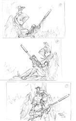 Size: 879x1400 | Tagged: safe, artist:baron engel, angel bunny, fluttershy, pegasus, anthro, g4, big breasts, binoculars, bodysuit, breasts, busty fluttershy, clothes, female, gun, looking up, male, monochrome, patreon, patreon reward, pencil drawing, rifle, scope, simple background, sitting, sitting on person, sniper, sniper rifle, snipershy, spotter, traditional art, weapon, white background