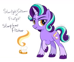 Size: 1953x1640 | Tagged: safe, artist:proficdroid, oc, oc only, oc:starflame flicker, pony, unicorn, blaze (coat marking), coat markings, facial markings, female, horn, mare, markings, multicolored hair, offspring, parent:firelight, parent:starlight glimmer, parents:glimmercest, product of incest, requested art, short hair, short mane, short tail, socks (coat markings), solo, tail, unshorn fetlocks