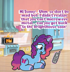 Size: 640x650 | Tagged: safe, artist:zoeyhorse, misty brightdawn, pony, unicorn, g5, calling, crystal brighthouse, fire, horn, implied sunny starscout, kitchen, microwave, nervous sweat, phone, rebirth misty