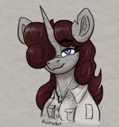 Size: 940x1005 | Tagged: safe, artist:reddthebat, oc, oc only, oc:violina (reddthebat), earth pony, ghost, ghost pony, undead, unicorn, bust, ear fluff, female, hair over one eye, horn, looking at you, mare, signature, smiling, smiling at you, solo, torn ear