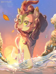 Size: 1507x2000 | Tagged: safe, artist:g5p7r, autumn blaze, kirin, g4, autumn, female, green eyes, leaf, lens flare, open mouth, outdoors, prancing, signature, smiling, solo, starry night, stars, sunset, water