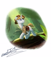 Size: 2671x3139 | Tagged: safe, artist:staceyld636, oc, oc:cordial muse, unicorn, adventure, clothes, explorer outfit, exploring, forest, hat, horn, log, looking back, male, nature, stallion, tree, trotting, unicorn oc