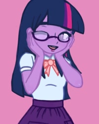 Size: 1080x1350 | Tagged: safe, artist:thanatoschanvt, twilight sparkle, human, equestria girls, g4, cheek squish, clothes, female, glasses, looking at you, one eye closed, open mouth, purple skin, simple background, skirt, smiling, smiling at you, solo, solo female, squishy cheeks, wink