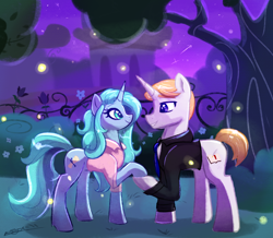 Size: 2882x2510 | Tagged: safe, artist:janeblood969, oc, oc only, oc:aquamarine scroll, oc:cordial muse, pony, unicorn, clothes, complex background, couple, female, formal wear, hoof hold, horn, long mane, looking at each other, looking at someone, male, mare, oc x oc, shipping, smiling, smiling at each other, stallion, suit, unicorn oc