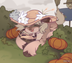 Size: 1450x1280 | Tagged: safe, artist:acace, oc, oc only, oc:amyquel, pony, rabbit, zebra, animal, basket, bush, eyes closed, female, gradient hooves, hat, lying down, mare, nature, outdoors, pony oc, pumpkin, scarecrow, smiling, solo, stripes, zebra oc