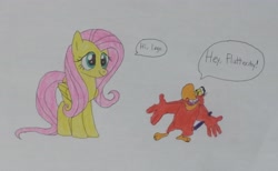 Size: 3725x2289 | Tagged: safe, anonymous artist, derpibooru exclusive, fluttershy, pegasus, pony, g4, 2025, aladdin, awesome, crossover, duo, duo male and female, female, gilbert gottfried, great, iago, male, simple background, smiling, speech bubble, traditional art, tribute, white background