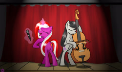 Size: 2900x1700 | Tagged: safe, artist:night-draft, octavia melody, oc, oc:burning passion, oc:passionate venus, earth pony, pony, unicorn, g4, cello, duo, eyes closed, female, high res, horn, levitation, magic, mare, microphone, musical instrument, playing, singing, stage, telekinesis