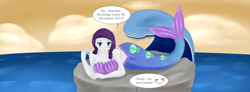 Size: 5700x2100 | Tagged: safe, artist:tomlloyd, rarity, human, mermaid, equestria girls, g4, blushing, bra, clothes, female, high res, humanized, looking at you, mermaidized, mermarity, ocean, offscreen character, rock, seashell, seashell bra, solo, species swap, speech bubble, talking to viewer, underwear, water, wave