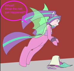 Size: 1327x1271 | Tagged: safe, artist:jonfawkes, artist:jrain9110, part of a set, aria blaze, bat pony, equestria girls, g4, bra, clothes, dialogue, dock, falling, fin wings, fins, gritted teeth, hooves, human coloration, human to pony, jewelry, part of a series, pendant, solo, speech bubble, tail, teeth, torn clothes, transformation, transformation sequence, transparent wings, underwear, wing growth, wings