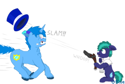 Size: 1080x720 | Tagged: safe, artist:💎blue, oc, oc only, oc:blueshield, oc:water drop, earth pony, pony, unicorn, .svg available, candy, cartoon physics, clothes, colt, foal, food, galloping, hat, horn, jawbreaker, male, onomatopoeia, ouch, scarf, shocked, shrunken pupils, slingshot, stallion, tooth, tooth gap, top hat, vector