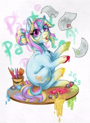 Size: 2915x3965 | Tagged: safe, artist:pastelpalette, oc, oc only, unicorn, cute, female, having fun, horn, looking at you, mare, paintbrush, painting, ponysona, simple background, sitting, smiling, smiling at you, solo, unicorn oc, white background