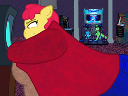 Size: 1200x900 | Tagged: safe, anonymous artist, apple bloom, oc, oc:colt anon, pony, anthro, g4, arcade, arcade game, clothes, dance dance revolution, denim, duo, fat, female, jacket, jeans, larger female, leaning, lip bite, male, obese, older, older apple bloom, pants, physique difference, size difference, skinny, smaller male, strong fat, sweater, thin