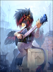 Size: 1531x2093 | Tagged: safe, artist:ramiras, oc, oc only, griffon, eared griffon, griffon oc, guitar, musical instrument, rain, solo