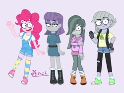 Size: 2080x1560 | Tagged: safe, artist:garybaldor, limestone pie, marble pie, maud pie, pinkie pie, human, g4, bangs, blue eyes, boots, cartoony, closed mouth, clothes, deadpan, dress, female, gray skin, humanized, jacket, leather, leather jacket, long hair, looking at you, one eye covered, open mouth, overalls, pie sisters, pink skin, shoes, short hair, siblings, simple background, sisters, sweater, waving, waving at you, yellow eyes