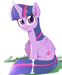 Size: 1180x1413 | Tagged: safe, artist:mar0x8, twilight sparkle, alicorn, pony, g4, closed mouth, eyes open, female, grass, looking at you, purple coat, purple eyes, purple hair, shine, simple background, smiling, smiling at you, solo, solo female, twilight sparkle (alicorn)