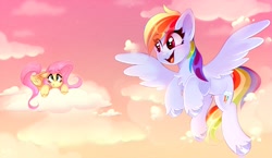 Size: 2000x1160 | Tagged: safe, artist:pozya1007, fluttershy, rainbow dash, pegasus, g4, background, cute, duo, evening