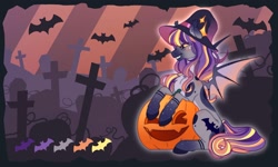 Size: 2048x1231 | Tagged: safe, artist:murimio_, oc, oc only, bat, bat pony, pony, adoptable, chest fluff, fangs, female, graveyard, grin, halloween, hat, holiday, jack-o-lantern, mare, pumpkin, sitting, slit pupils, smiling, solo, spread wings, wings, witch hat