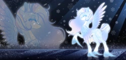 Size: 2048x980 | Tagged: safe, artist:murimio_, oc, pegasus, pony, adoptable, female, mare, partially open wings, snow, snowflake, solo, unshorn fetlocks, wings