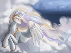 Size: 2048x1536 | Tagged: safe, artist:murimio_, princess celestia, alicorn, pony, g4, cloud, female, helmet, lying down, mare, on a cloud, partially open wings, peytral, prone, solo, wings