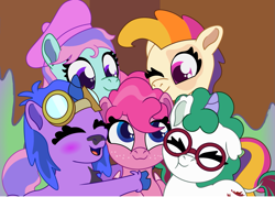 Size: 1151x824 | Tagged: safe, artist:prixy05, gusty, ivy, izzy moonbow, pinkie pie, sunny daze (g3), earth pony, pegasus, pony, unicorn, series:magic forest, g1, g2, g3, g4, g5, female, filly, foal, horn, pegasus pinkie pie, race swap