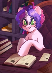 Size: 1476x2048 | Tagged: safe, artist:murimio_, oc, oc only, oc:melody (melodylibris), pony, unicorn, book, bookshelf, chair, female, glasses, horn, mare, reading, smiling, solo, table