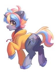 Size: 1550x1983 | Tagged: safe, artist:murimio_, oc, oc only, pony, unicorn, butt fluff, clothes, ear fluff, hoodie, horn, male, simple background, solo, stallion, unshorn fetlocks, white background