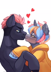 Size: 1454x2048 | Tagged: safe, artist:murimio_, oc, oc only, earth pony, pony, unicorn, cheek fluff, clothes, duo, ear fluff, floating heart, gay, heart, hoodie, horn, kiss on the lips, kissing, male, oc x oc, shipping, simple background, white background