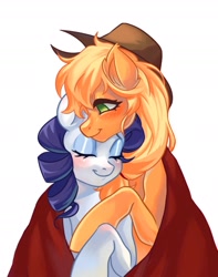 Size: 1553x1970 | Tagged: safe, artist:murimio_, applejack, rarity, earth pony, pony, unicorn, g4, blanket, blushing, cuddling, duo, eyes closed, female, horn, lesbian, mare, ship:rarijack, shipping, simple background, white background