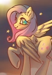 Size: 1168x1667 | Tagged: safe, artist:murimio_, fluttershy, pegasus, pony, g4, female, looking at you, looking back, looking back at you, mare, partially open wings, smiling, solo, wings