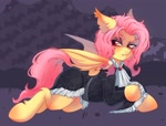 Size: 2048x1554 | Tagged: safe, artist:murimio_, fluttershy, bat pony, pony, g4, bat ponified, claws, clothes, dress, ear tufts, fangs, female, flutterbat, lying down, mare, prone, race swap, solo, wing claws, wings