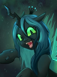 Size: 834x1120 | Tagged: safe, artist:murimio_, queen chrysalis, changeling, changeling queen, g4, abstract background, fangs, female, slit pupils, solo