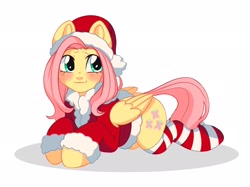 Size: 2048x1532 | Tagged: safe, artist:murimio_, fluttershy, pegasus, pony, g4, blushing, christmas, clothes, costume, female, hat, holiday, lying down, mare, prone, santa costume, santa hat, simple background, socks, solo, striped socks, white background