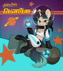 Size: 2051x2308 | Tagged: safe, artist:rexyseven, oc, pony, unicorn, bottle, female, horn, mare, nuka cola, solo, spacesuit