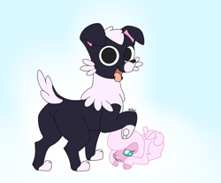 Size: 2300x1900 | Tagged: safe, artist:jhonnyul, pom (tfh), dog, lamb, sheep, them's fightin' herds, butt, community related, female, looking at you, male, older, one leg raised, open mouth, plot, role reversal, scared, tongue out, younger