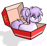 Size: 1110x1097 | Tagged: safe, artist:cdrspark, oc, oc only, oc:mio (higglytownhero), blank flank, cute, female, lying down, mcdonald's, ponyloaf, prone, smol, solo