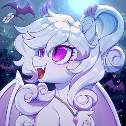 Size: 2362x2362 | Tagged: safe, artist:blueeye, oc, oc only, oc:curacion, bat, bat pony, bat ears, bat eyes, bat wings, curly hair, curly mane, fangs, flower, jewelry, moon, necklace, night, solo, stars, wings