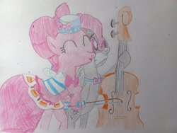 Size: 4096x3072 | Tagged: safe, octavia melody, pinkie pie, earth pony, g4, my little pony: friendship is magic, the best night ever, bow (instrument), cello, cello bow, clothes, dress, duo, duo female, eyes closed, female, gala dress, grand galloping gala, high res, mare, musical instrument, octavia is not amused, octavia's bowtie, pony pokey, scene interpretation, shocked, simple background, traditional art, unamused, white background, wide eyes