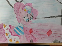 Size: 4096x3072 | Tagged: safe, artist:victoric1993, pinkie pie, earth pony, g4, my little pony: friendship is magic, clothes, dress, female, gala dress, grand galloping gala, high res, pinkie pie is not amused, sad, scene interpretation, solo, table, traditional art, unamused