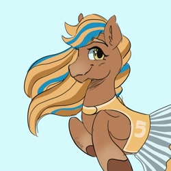 Size: 2000x2000 | Tagged: safe, artist:cupute, earth pony, horse, big ears, blonde hair, blue eyes, blush lines, blushing, blushlines, brown coat, brown hooves, cheerleader, cheerleader outfit, clothes, colored hooves, cute, cutesy, female, gradient legs, gradient muzzle, grin, halfbody, hooves, jersey, long mane, looking at you, mare, multicolored hair, number, shiny, skirt, smiling, solo, wild manes, yellow eyes, zoey (wild manes)