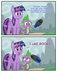 Size: 955x1200 | Tagged: safe, artist:twigpaste, spike, twilight sparkle, alicorn, dragon, pony, g4, 2 panel comic, book, comic, dialogue, female, male, sparkles, spike is not amused, text, that pony sure does love books, unamused