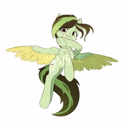 Size: 3000x3000 | Tagged: safe, artist:s0urceart, oc, oc only, pegasus, pony, eyes open, flying, green coat, green mane, grin, looking at you, simple background, smiling, watermark, yellow eyes