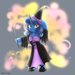 Size: 4134x4134 | Tagged: safe, artist:jjsh, oc, oc only, oc:nighttime wishes, pony, unicorn, bipedal, chest fluff, clothes, costume, female, hat, high res, horn, looking at you, magic, magic wand, mare, solo, witch hat