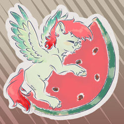 Size: 2000x2000 | Tagged: safe, artist:nazalik, oc, oc only, oc:arbuzik, pegasus, pony, belly, cute, ear fluff, fluffy, food, glasses, gradient background, grainy, logo, male, pegasus oc, simple background, sketch, solo, spread wings, stallion, stallion oc, transparent background, watermelon, wide eyes, wings