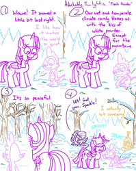 Size: 4779x6013 | Tagged: safe, artist:adorkabletwilightandfriends, moondancer, spike, starlight glimmer, twilight sparkle, alicorn, comic:adorkable twilight and friends, g4, adorkable, adorkable twilight, attack, back of head, butt, calm, cold, comic, crouching, cute, dork, footprint, forest, hoofprint, hoofprints, humor, nature, peaceful, plot, rear view, scenery, slice of life, smiling, snow, snowball, snowball fight, surprised, tail, tree, twilight sparkle (alicorn), winter