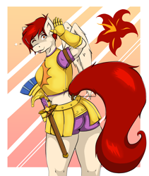 Size: 1216x1441 | Tagged: safe, artist:jimjamdoodles, oc, oc only, oc:poptail, pegasus, anthro, plantigrade anthro, anthro oc, armor, athletic, big tail, breasts, butt, charm, clothes, cutie mark, female, guard, guardsmare, mare, one eye closed, passepartout, pegasus oc, rear view, royal guard, short hair, shorts, solar guard, sports shorts, sword, tail, thighs, tongue out, unconvincing armor, waving, waving at you, weapon, wink