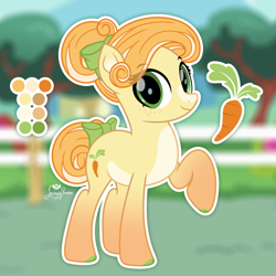 Size: 2000x2000 | Tagged: safe, artist:lovinglypromise, carrot top, golden harvest, pony, g4, alternate design, alternate hairstyle, bow, hair bow, raised hoof, solo, tail, tail bow