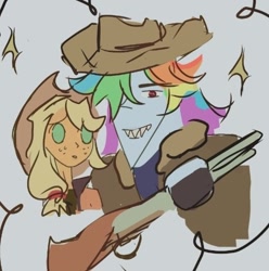 Size: 512x516 | Tagged: safe, artist:zerdasher, applejack, rainbow dash, human, g4, blonde, blonde hair, clothes, cowboy hat, duo, duo female, female, freckles, gakuen handsome, green eyes, gun, hat, humanized, jacket, magenta eyes, meme, multicolored hair, parody, rainbow hair, shotgun, simple background, sparkles, weapon